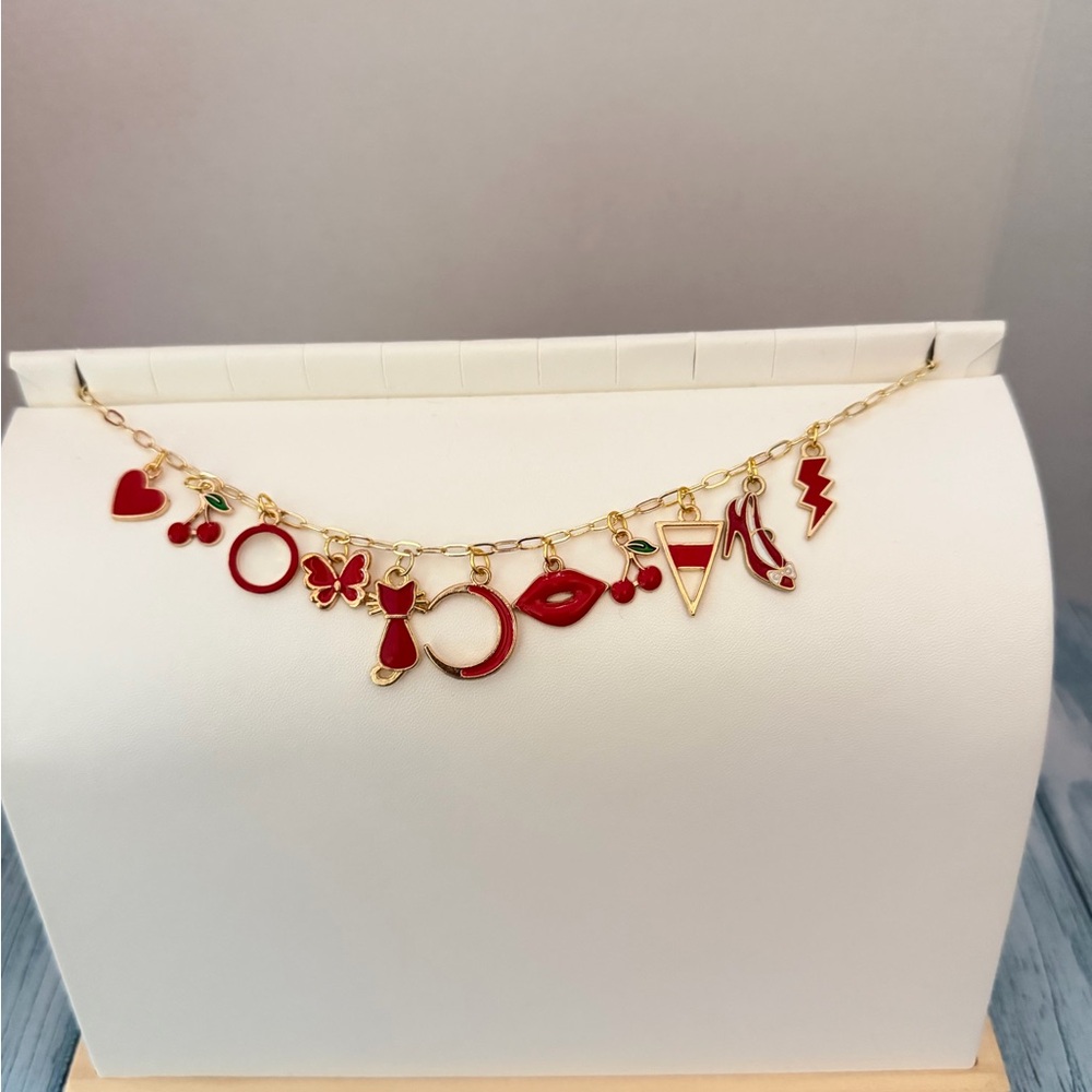 Gold Charm Necklace with Red Enamel Accents | Book Chain | Purse Chain